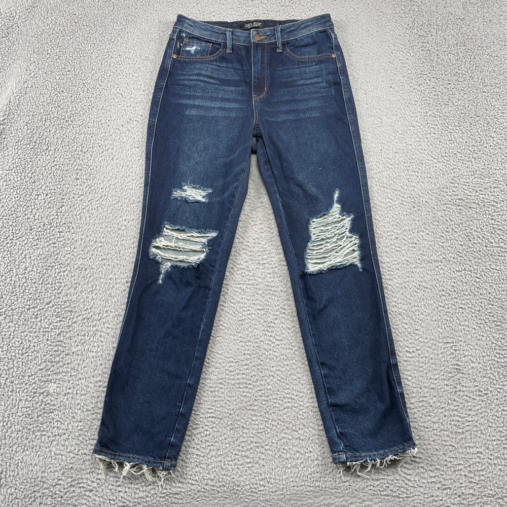 Judy Blue Jeans Womens 7/28 Blue Straight Fit Distressed Raw Hem DK Denim
